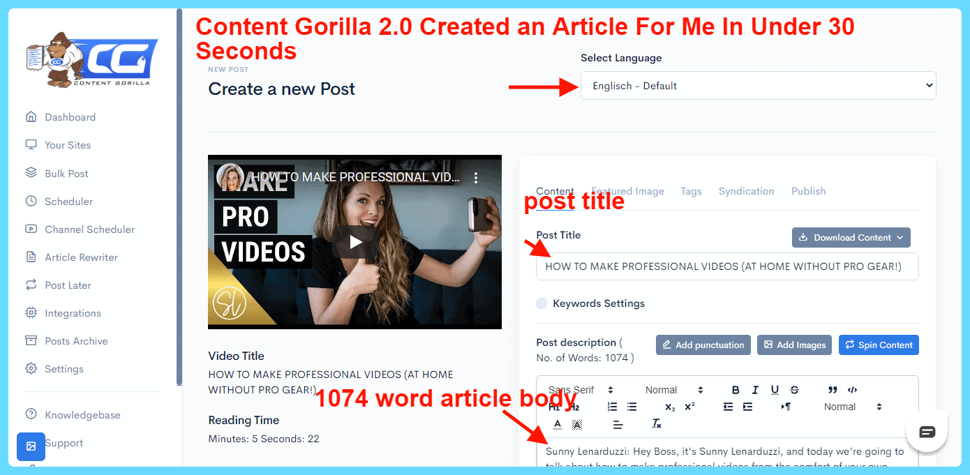 Content Gorilla 2.0 Review - Article Created in 30 Seconds