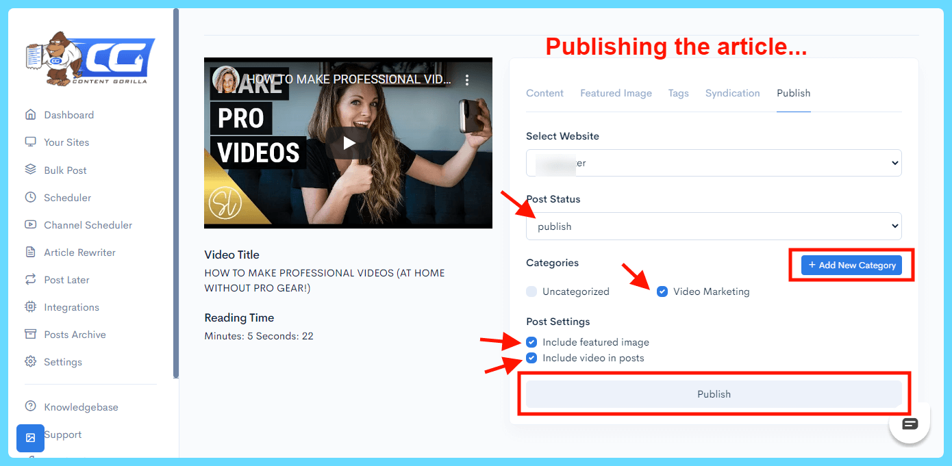 Content Gorilla 2.0 Review - Publishing the article