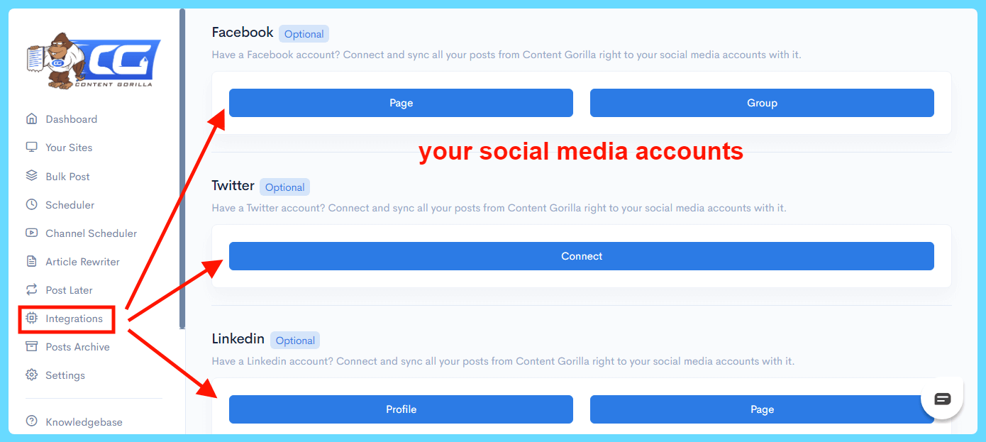 Content Gorilla 2.0 Review - Social accounts