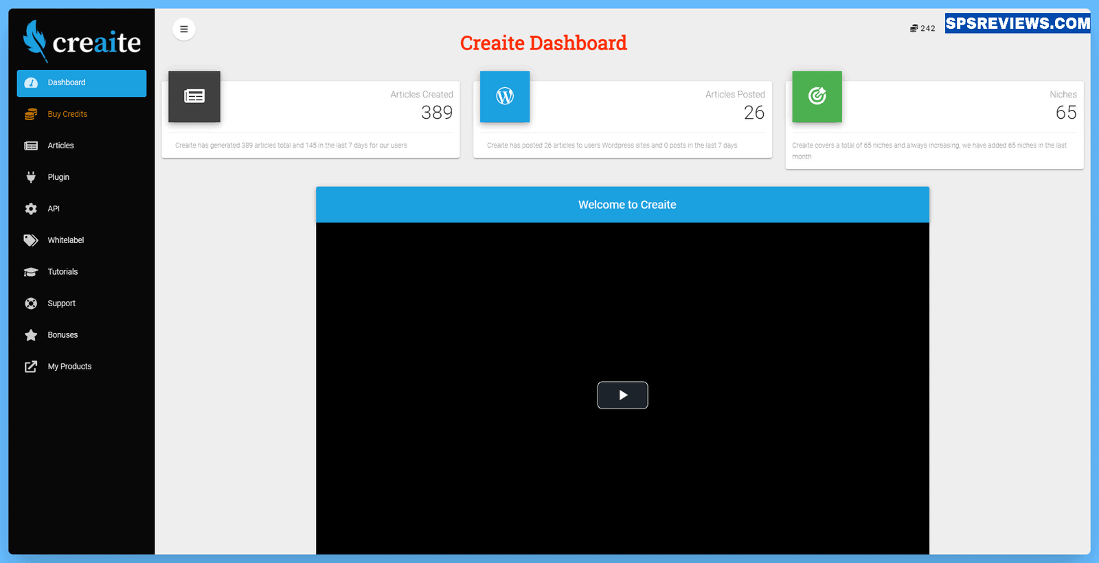 Creaite Review - Dashboard