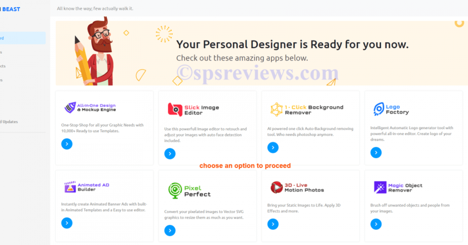 DesignBeast.io Review: choose an app from the list of 6 to start work
