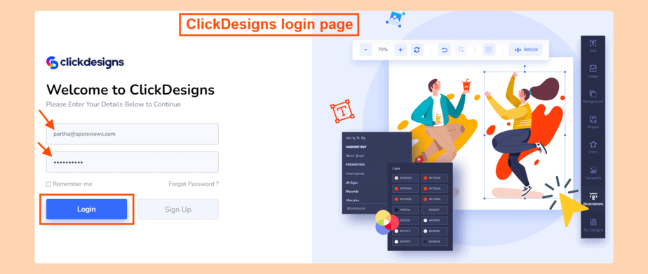 ClickDesigns review: Step 1 - Log in to the dashboard