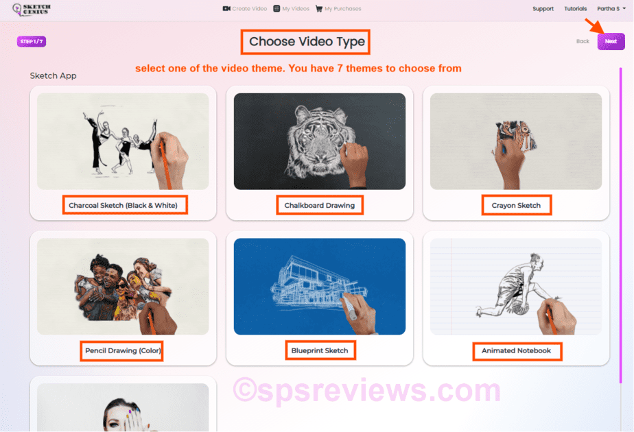 Sketch Genius review: choose a video type