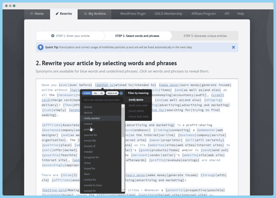 Spin Rewriter Review - the Screenshot of The Manual Synonyms Selection