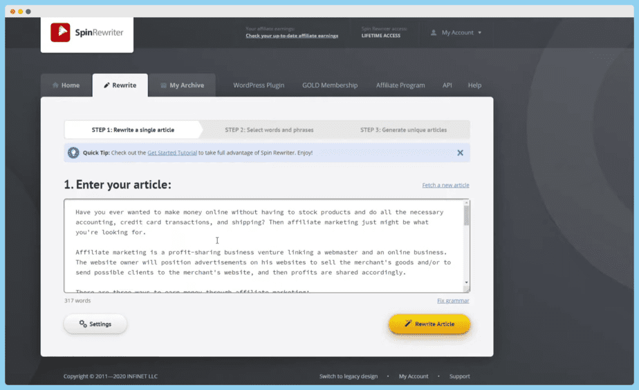 Spin Rewriter Review - Entering Your Article or Content