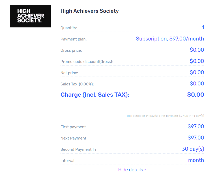 High Achiever Society Review - Pricing